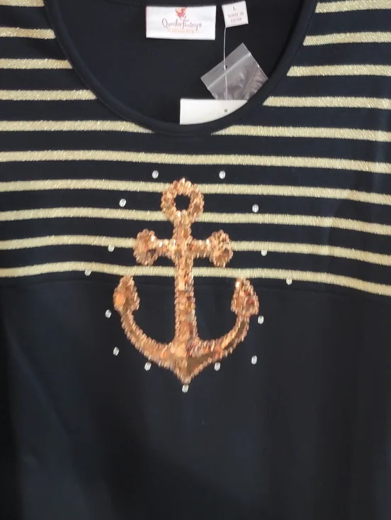 Quacker Factory Sequin Anchor Black Tee with Gold Stripes - Picture 2 of 7